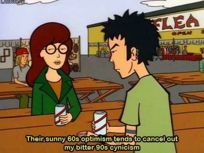 Animated scene of two characters talking about changes in optimism and cynicism reflecting things changed through the years.