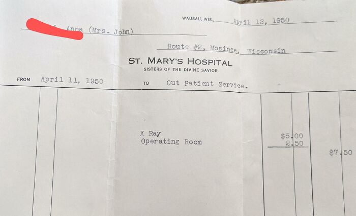 1940s hospital bill from St. Mary’s Hospital showing old medical charges, illustrating how things used to look in healthcare.