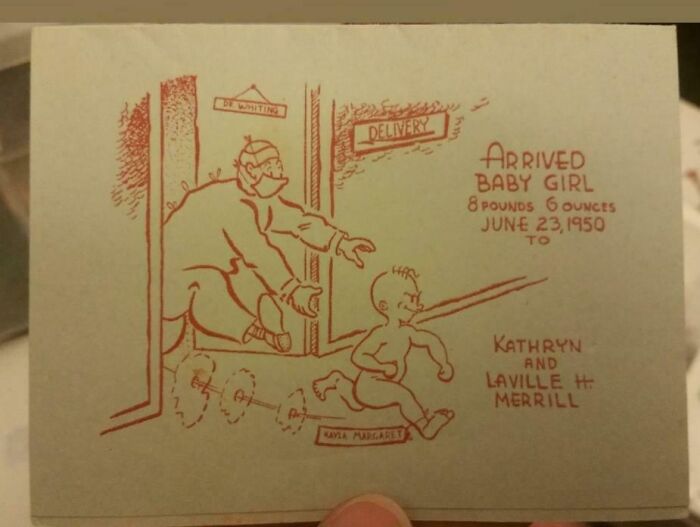 Vintage baby delivery illustration showing a doctor chasing a newborn, capturing how things used to look in the past.
