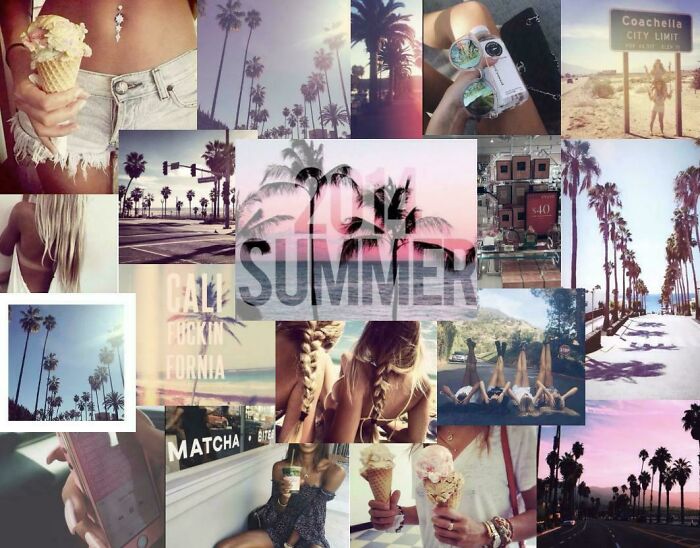 Collage of summer lifestyle images featuring palm trees, ice cream, friends, and California scenes reflecting changing trends online.