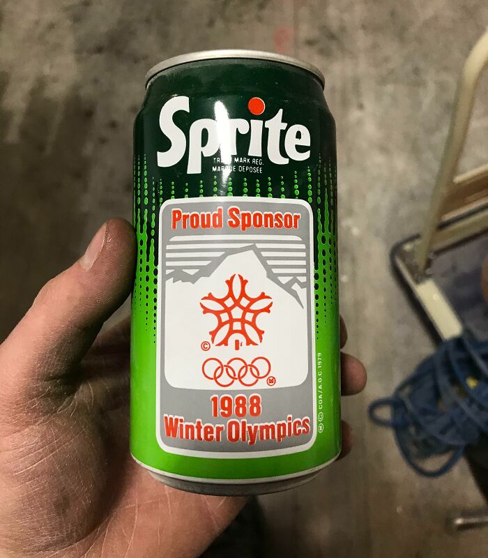 Vintage Sprite can from 1988 Winter Olympics held as an example of how things used to look in the past.