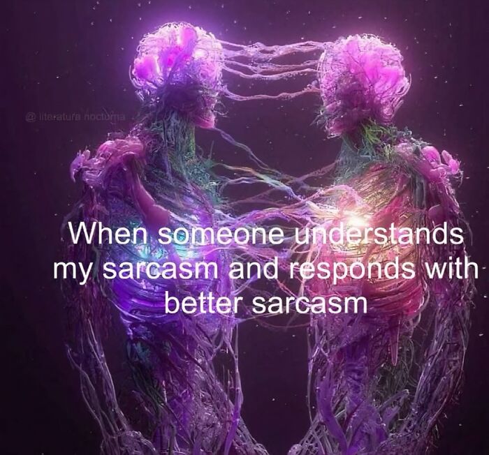 Two glowing, abstract human figures connected by light strands with text about sarcasm, showcasing serotonin boost visuals.