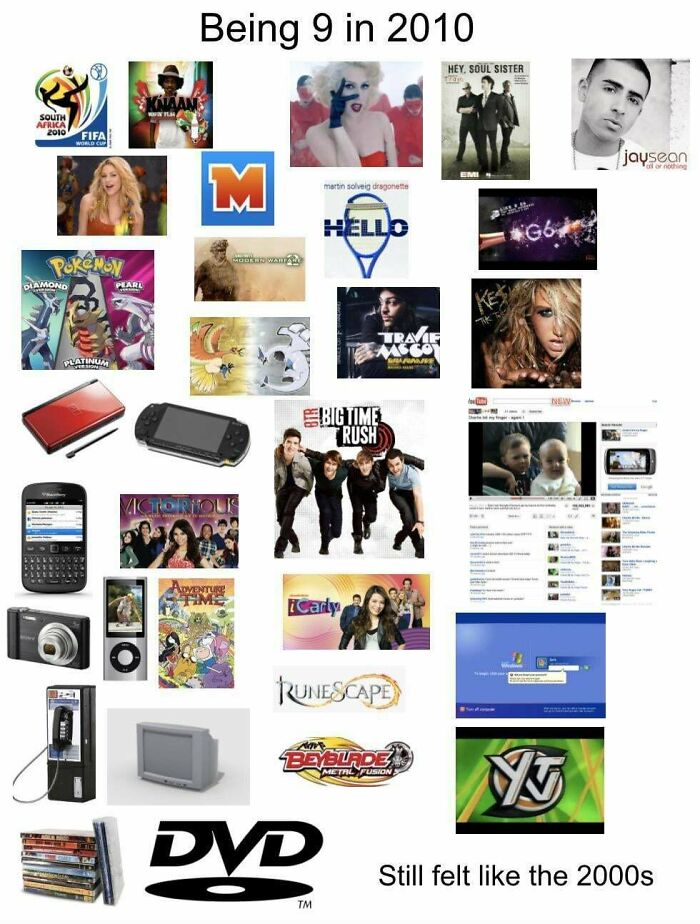 Collage of 2010 pop culture, technology, and media showing how things have changed through the years according to people online.