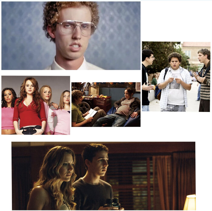 Collage of popular teen movies and characters highlighting ways things have changed through the years according to people online