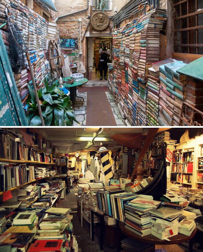 Two cosy and grandiose bookstores filled with stacked books and vintage decor, showcasing magical library atmospheres.