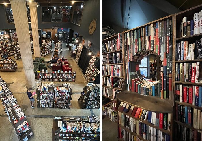 Interior views of stunning and impressive bookstores with unique book displays and cozy reading areas.