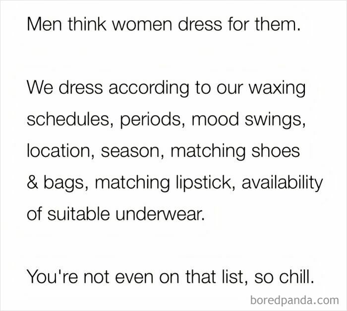Text image showing a humorous message about women's dressing habits for a daily serotonin boost from an IG page.