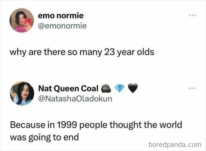 Social media exchange humorously explains why there are many 23 year olds, featured in random Gen-Z memes.