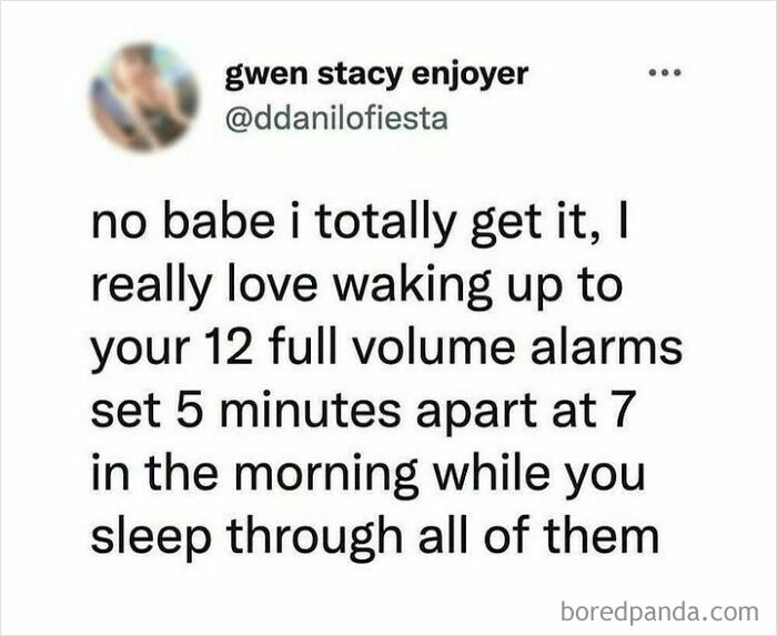 Text post from an IG page humorously describing waking up to multiple full volume alarms, boosting daily serotonin.