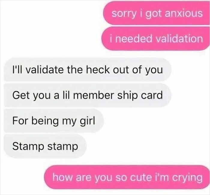 Text message exchange with playful validation and affection, providing a daily serotonin boost from an IG page.