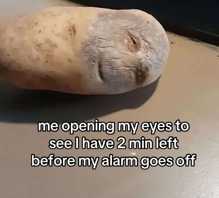 Close-up of a tired potato with a funny face, illustrating the serotonin boost from humorous IG page pics.