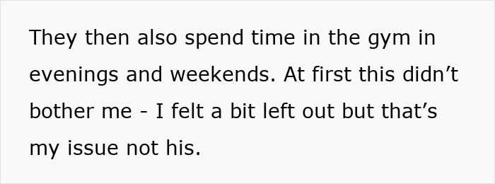 Text excerpt about wife feeling insecure as hubby connects with a mutual friend and spends time at the gym. Text excerpt about wife feeling insecure as hubby connects with a mutual friend and spends time at the gym.