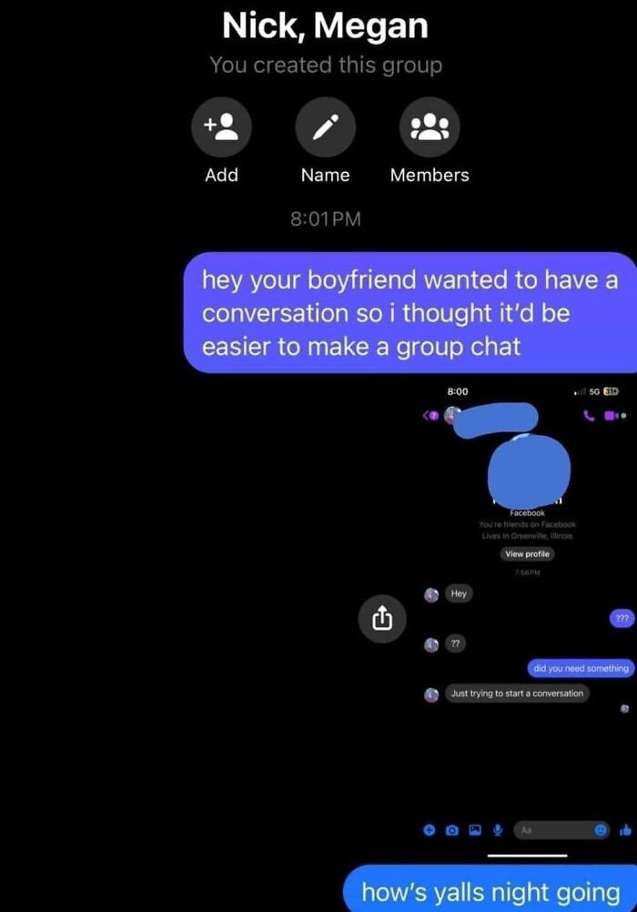 Group chat text meme showing awkward conversation starter by boyfriend, featured in funny memes to lighten a hard day.