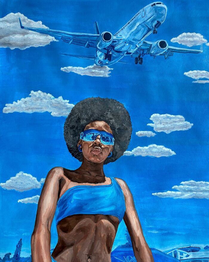 Painting of a woman with afro and blue sunglasses under a plane, exploring colours and space in vibrant artistic identity.