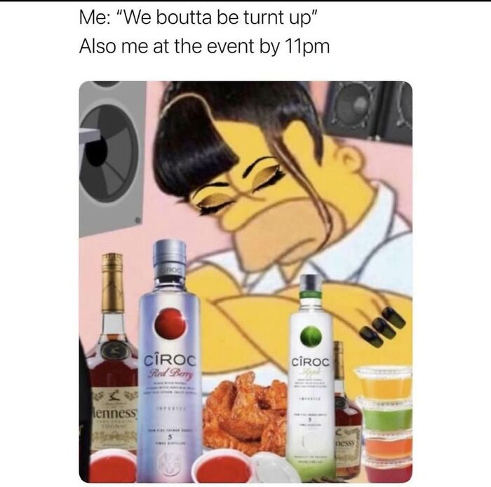 Cartoon character with makeup looking tired surrounded by alcohol bottles and wings, illustrating cute and wholesome girlies posts.