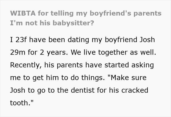 Text excerpt from a post about helicopter parents treating their 29-year-old son&rsquo;s girlfriend like a nanny and daily planner.