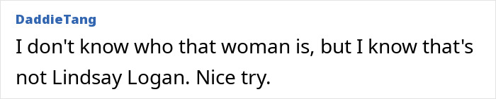 Comment text mentioning not knowing who the woman is, correcting the name from Lindsay Logan to Lindsay Lohan.