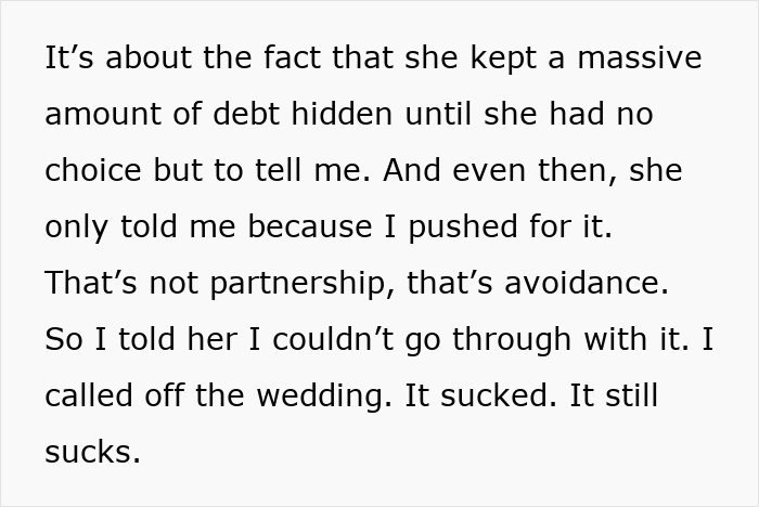 Text describing a bride-to-be's secret credit card debt leading to shutting down the prenup and canceling the wedding.