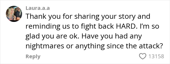 Comment expressing support and gratitude for sharing a woman’s survival story, highlighting discussions on misogyny and gender-based violence.