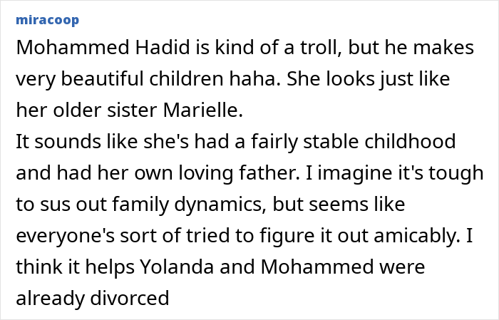 Comment discussing Mohammed Hadid’s family dynamics and mentioning Gigi and Bella Hadid's secret sister reveal. Comment discussing Mohammed Hadid’s family dynamics and mentioning Gigi and Bella Hadid's secret sister reveal.