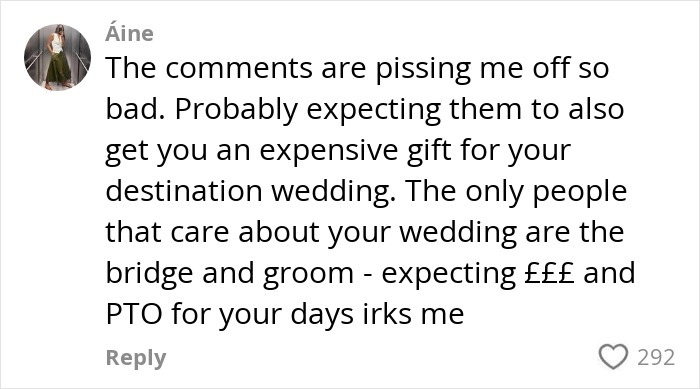 Commenter &Aacute;ine expressing frustration about expectations around paying for hen parties and destination weddings.