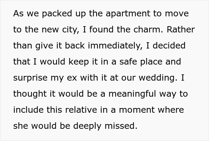 Text snippet about packing an apartment and keeping a charm to surprise ex-fiance on Valentine&rsquo;s Day in new apartment.