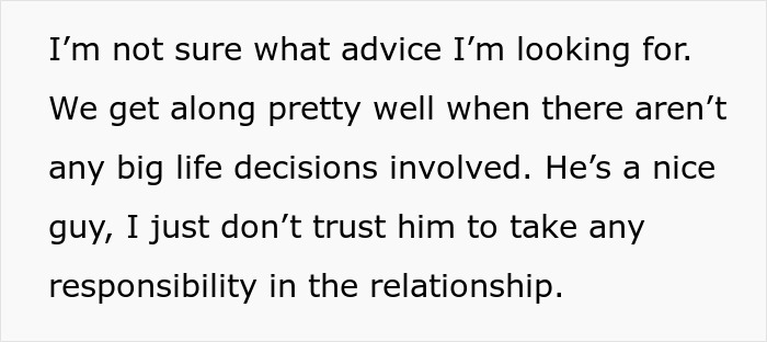 Text discussing doubts about husband's responsibility in relationship after woman sells everything for cross-country move.