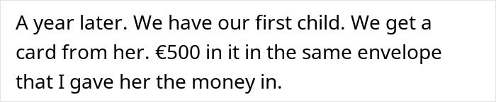 Text excerpt discussing a couple receiving a card with &euro;500 after the cousin offered wedding photography as a gift.