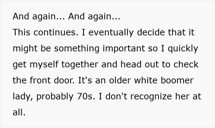 Text describing repeated visits by an older woman for wellness checks, highlighting a Karen faking wellness checks. Text describing repeated visits by an older woman for wellness checks, highlighting a Karen faking wellness checks.