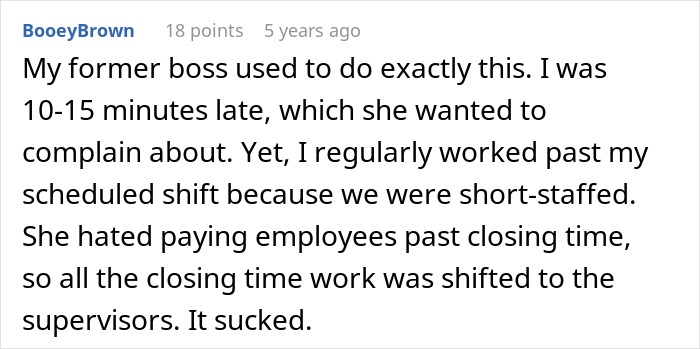 Screenshot of a Reddit comment about a boss enforcing a 1 minute late rule causing reduced employee overtime.