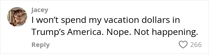 User comment expressing refusal to spend vacation dollars in the US, reflecting the tourism decline and loss of money.