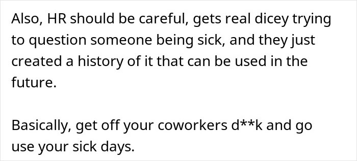 Text excerpt discussing HR caution about questioning sick employees and advising use of sick days, related to bottomless mimosa brunch.
