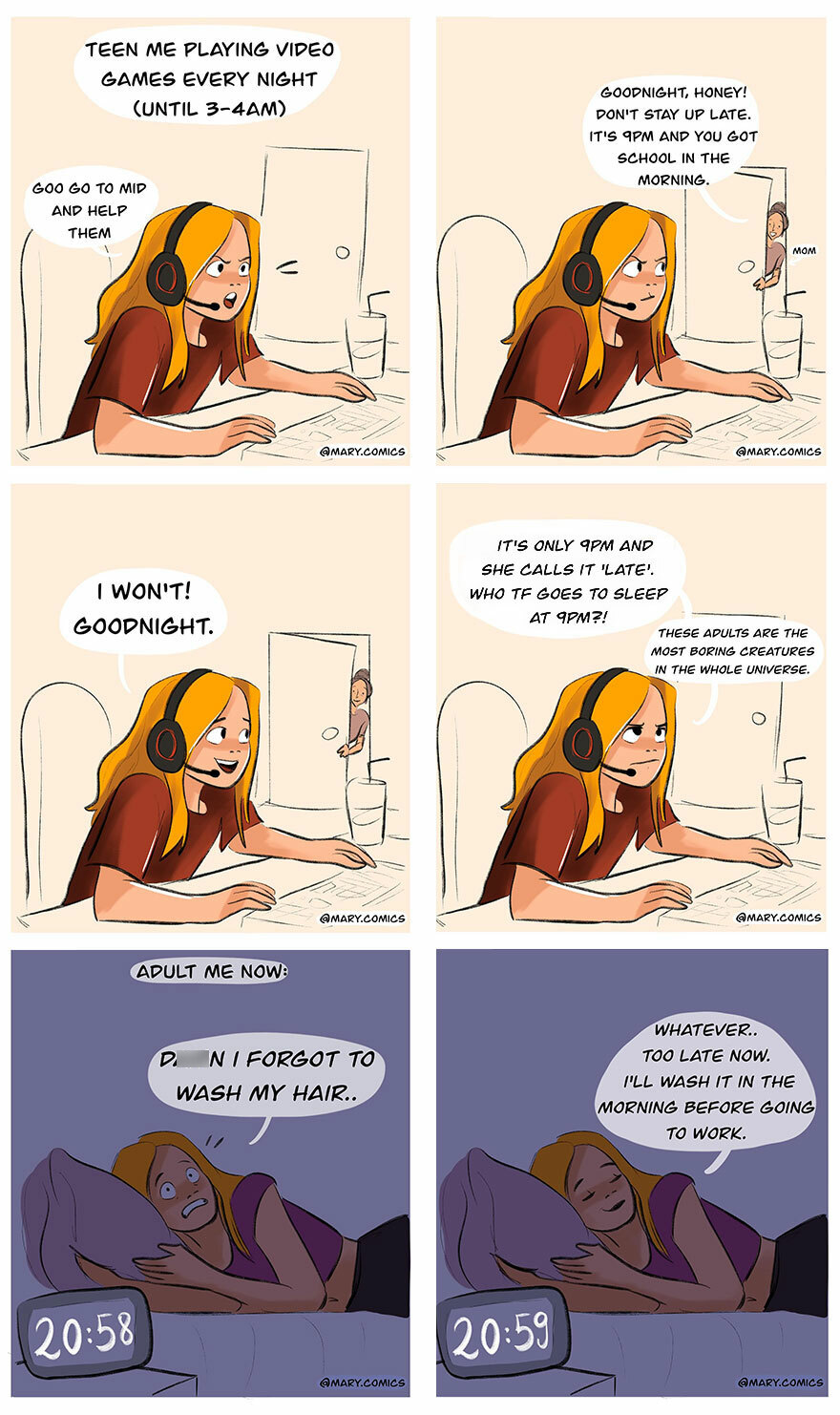 Young person playing video games late contrasted with adult self relaxing in bed, artist made comics relatable to youth.