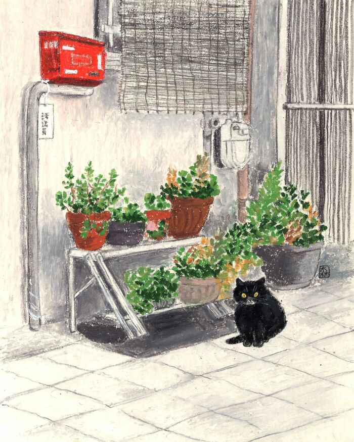 Adorable artwork for cat lovers depicting a black cat beside potted plants in a softly colored urban setting.