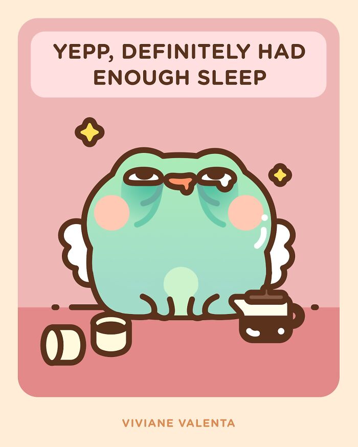 Cute frog illustration with food puns by Viviane Valenta showing tired expression and coffee cups.