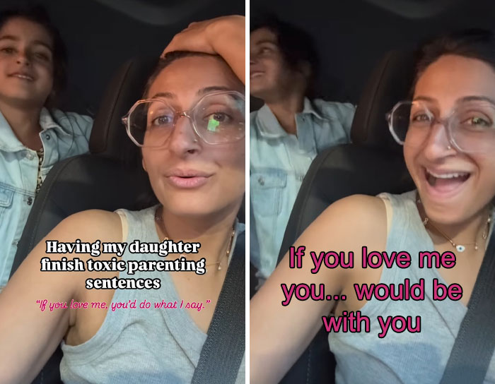 Woman and child in a car with text about children completing toxic parenting sentences and healing responses.