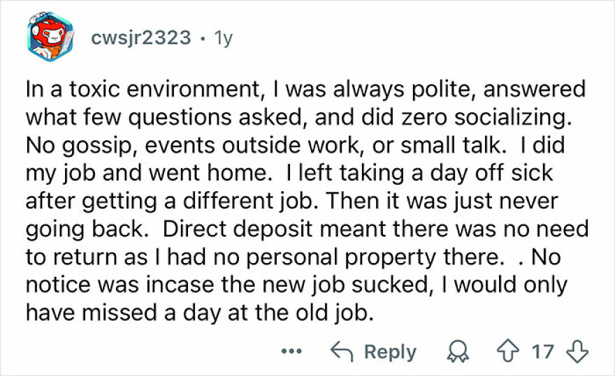 User comment about avoiding socializing in a toxic workplace as a way to deal with toxic coworkers effectively.
