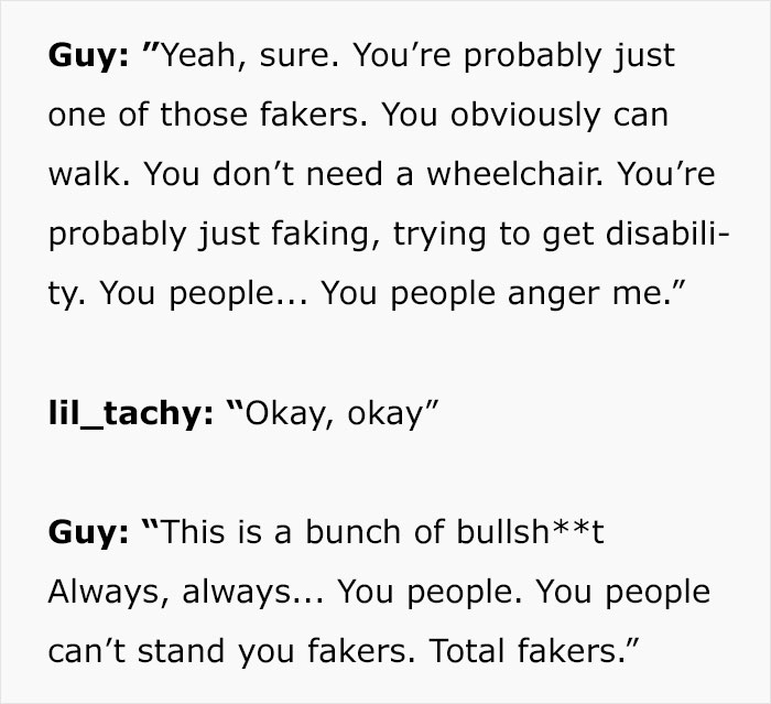 Conversation text showing harassment towards a woman with POTS accused of faking disability for using a car.