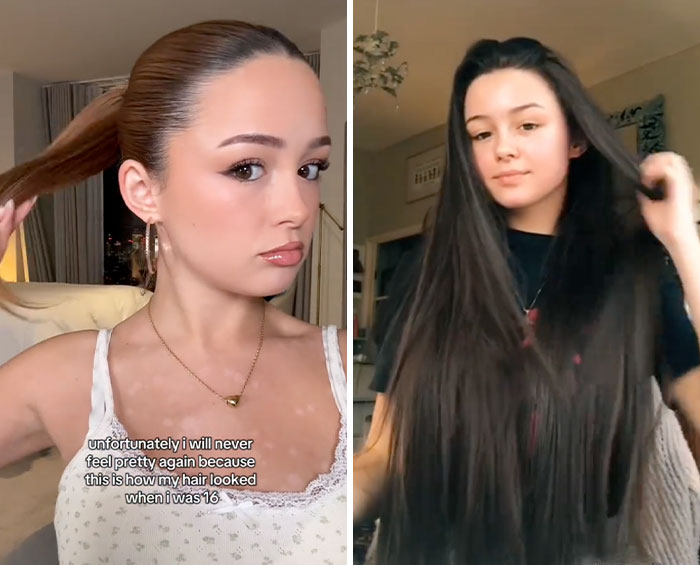 Two young women sharing glow downs trend with different hairstyles and expressions in indoor settings.