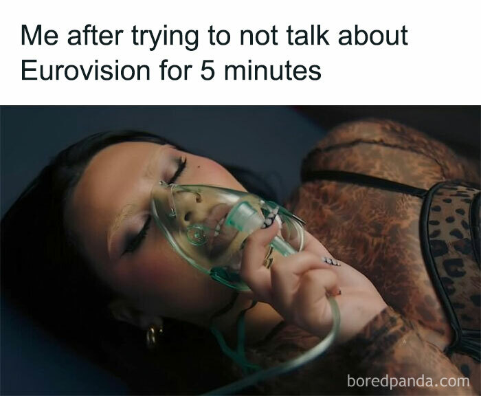 Person wearing an oxygen mask with caption about struggling not to talk about Eurovision at the 2025 contest.