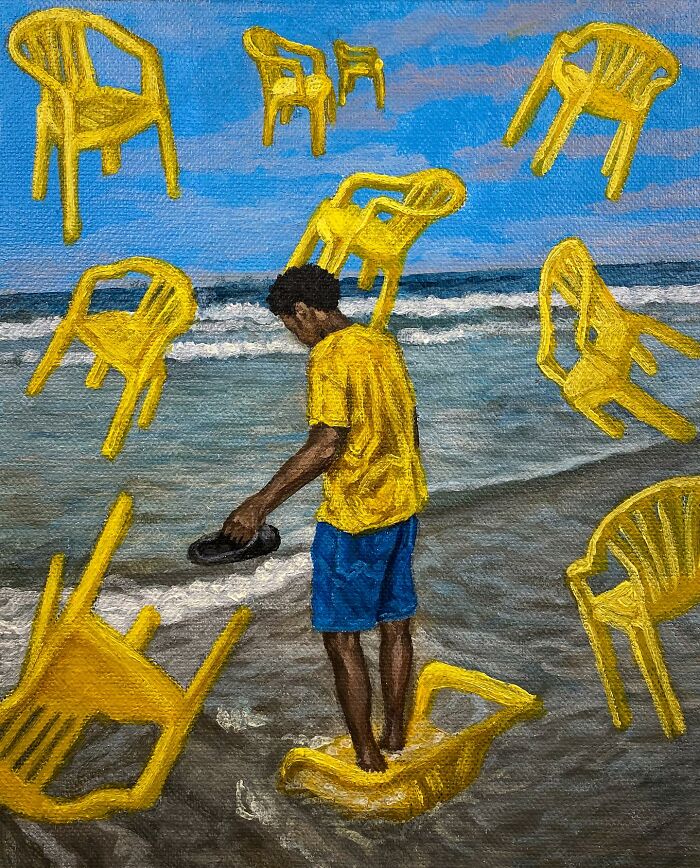 Surreal painting of a person at the beach surrounded by floating yellow chairs showing colours space and identity.