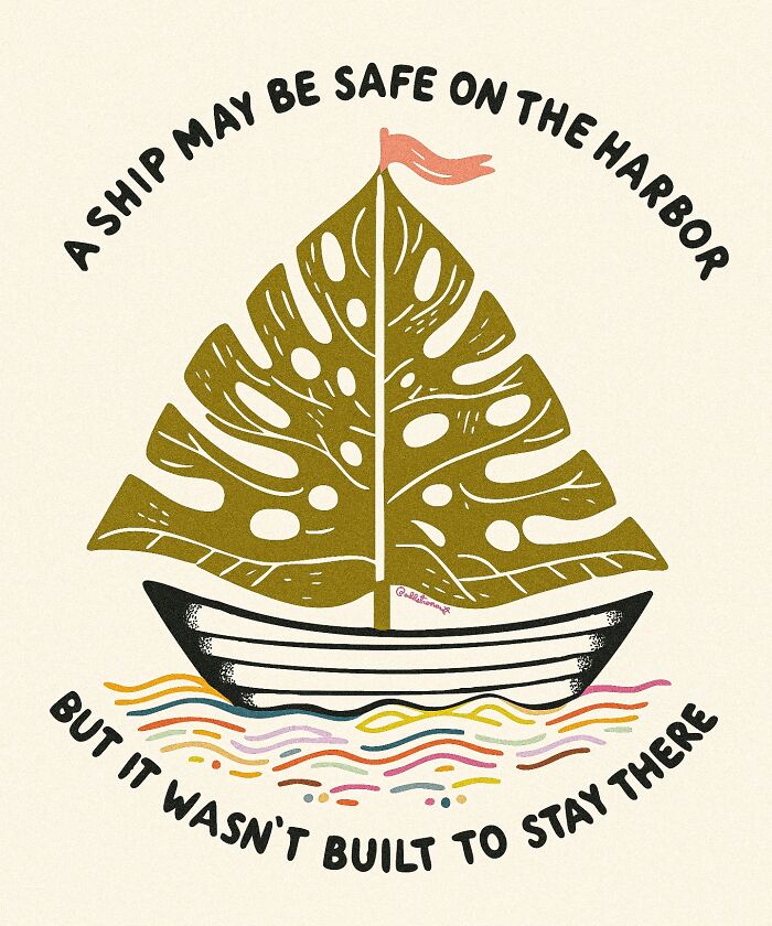 Illustration of a boat with a leaf sail and colorful waves, expressing vulnerable thoughts through art therapy.