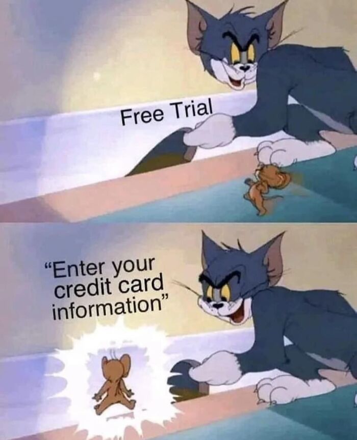 Cartoon cat and mouse meme illustrating sarcasm about free trial and entering credit card information humor.