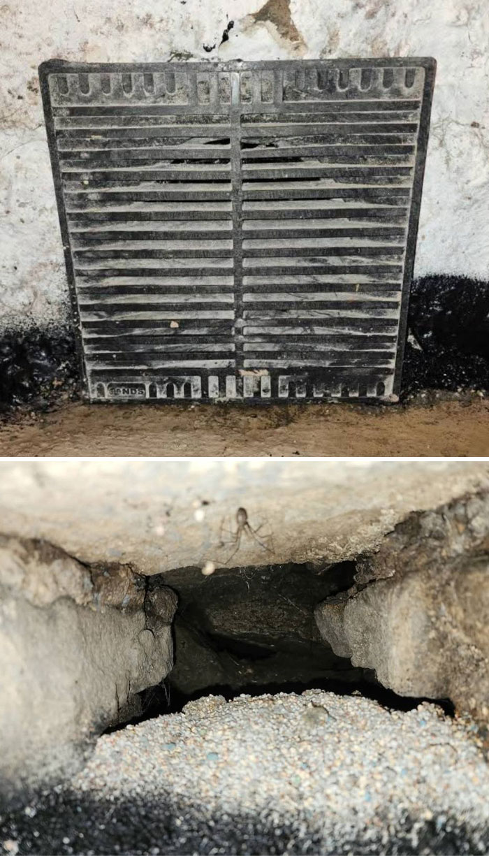 Old dirty floor vent cover and a hidden crawl space filled with debris in a home with a forgotten past