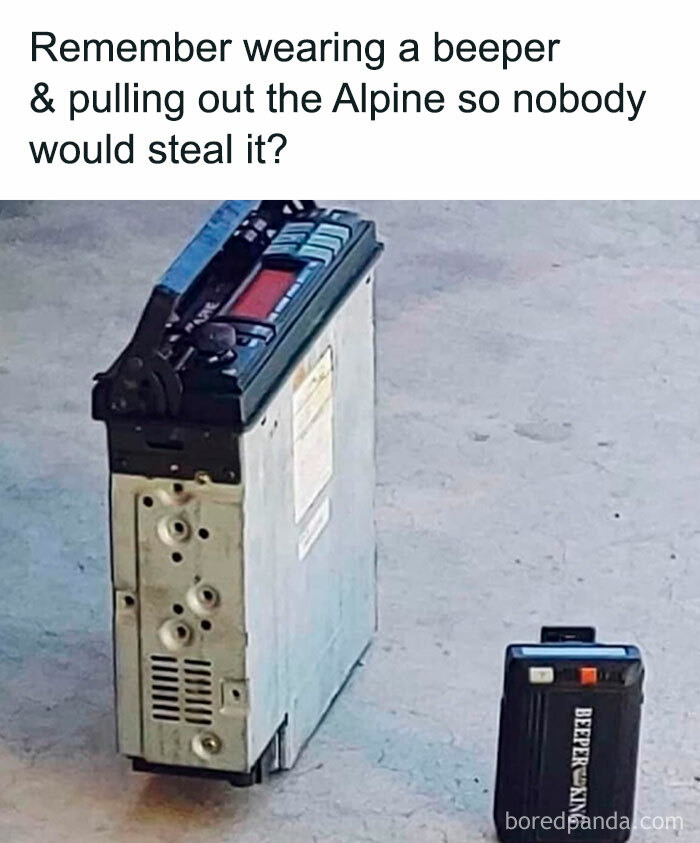 Old school Alpine car stereo and beeper device on the floor, celebrating nostalgic '80s vintage technology and culture.