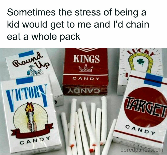 Vintage candy packs and nostalgic items evoking memories from childhood stress and comfort foods.