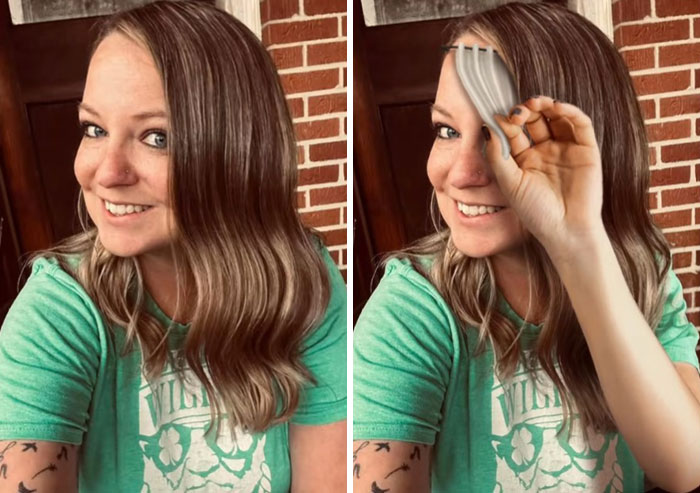 Side-by-side photos showing a woman with long hair and a funny Photoshop edit turning part of her hair into comb teeth.