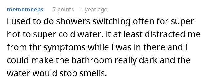 Screenshot of a user comment describing using showers with hot and cold water to ease migraine symptoms.