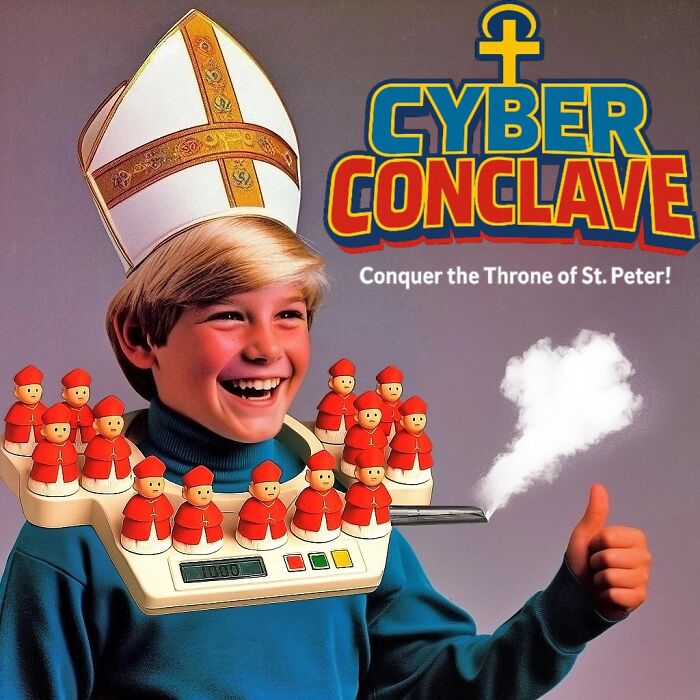 Boy wearing a pope hat and a toy game with red-robed figures, illustrating dark toys imagined by the artist.