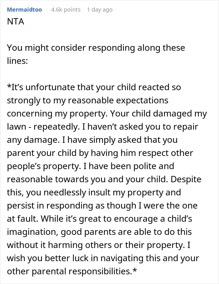 Comment discussing neighbor child digging and ruining lawn, requesting respect for property and proper parental supervision.